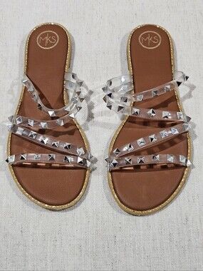 Clear Pyramid-Stud Slide Sandals in Brown